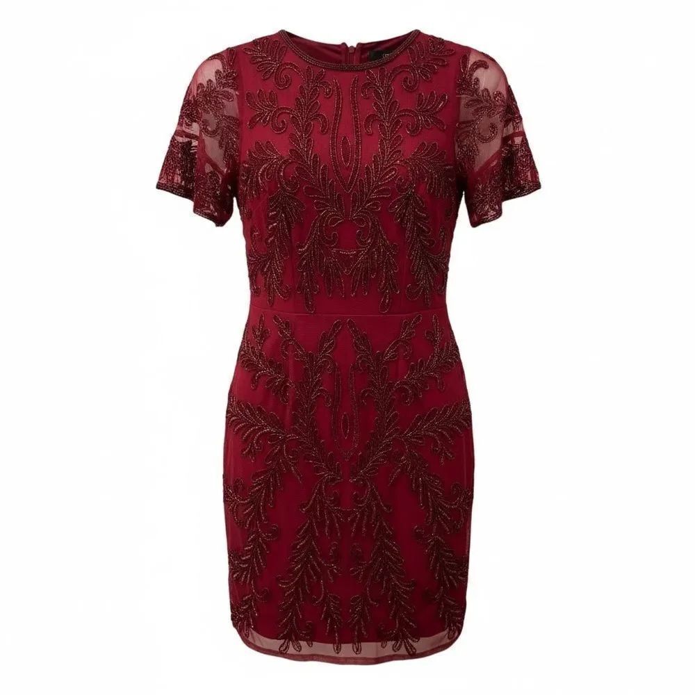 Adrianna Papell Burgundy Maroon Beaded Sheath Dress